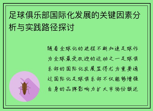 足球俱乐部国际化发展的关键因素分析与实践路径探讨