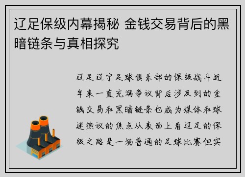 辽足保级内幕揭秘 金钱交易背后的黑暗链条与真相探究