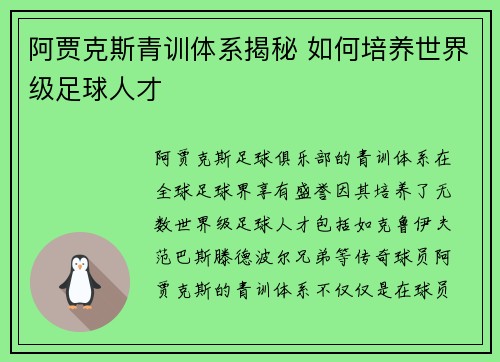 阿贾克斯青训体系揭秘 如何培养世界级足球人才