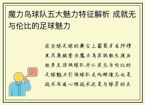 魔力鸟球队五大魅力特征解析 成就无与伦比的足球魅力