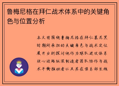 鲁梅尼格在拜仁战术体系中的关键角色与位置分析 鲁梅尼格在拜仁战术体系中的关键角色与位置分析