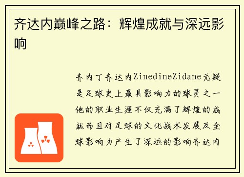 齐达内巅峰之路：辉煌成就与深远影响